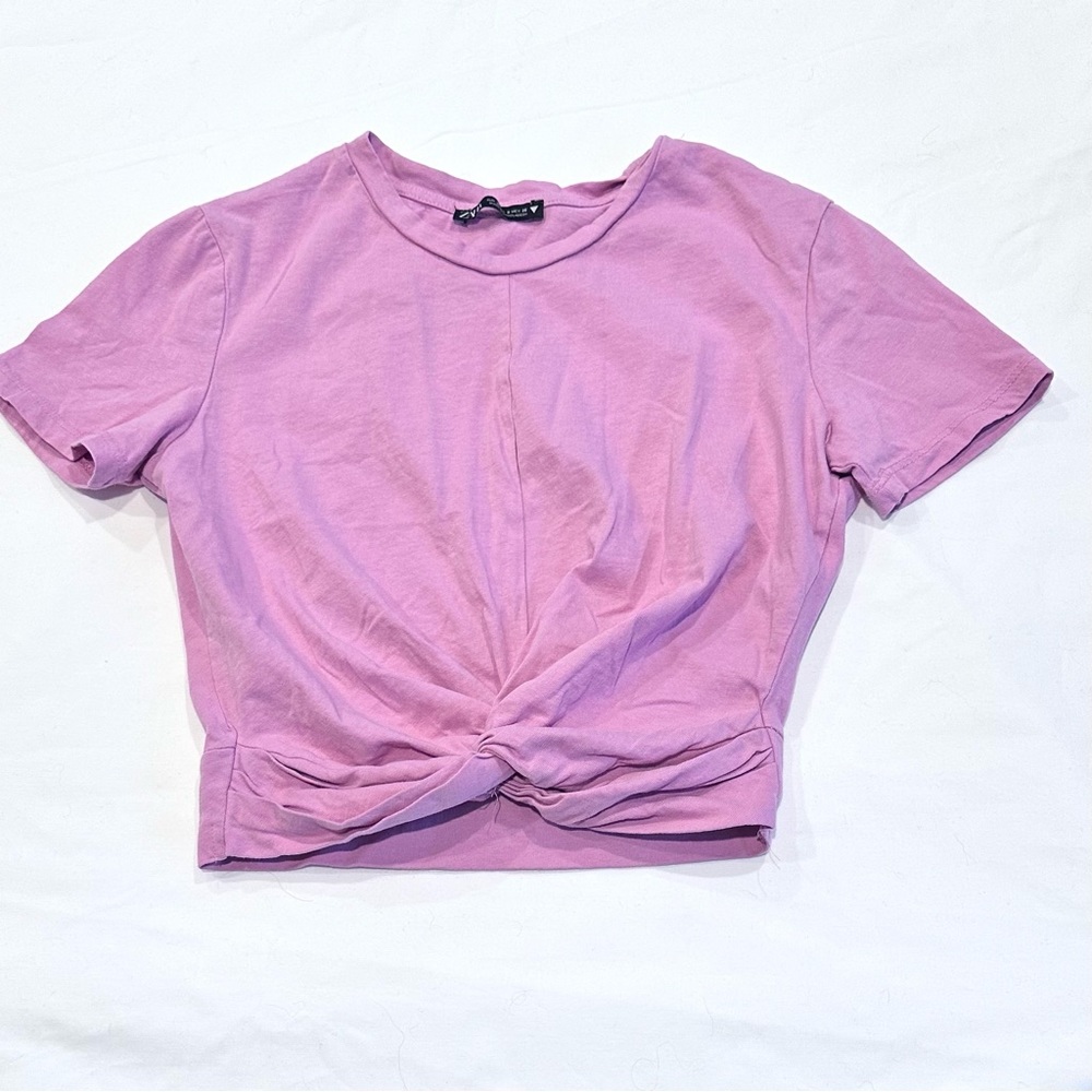 ZARA Pink Knotted Front Cropped T-Shirt - Size S. - Picture 2 of 4